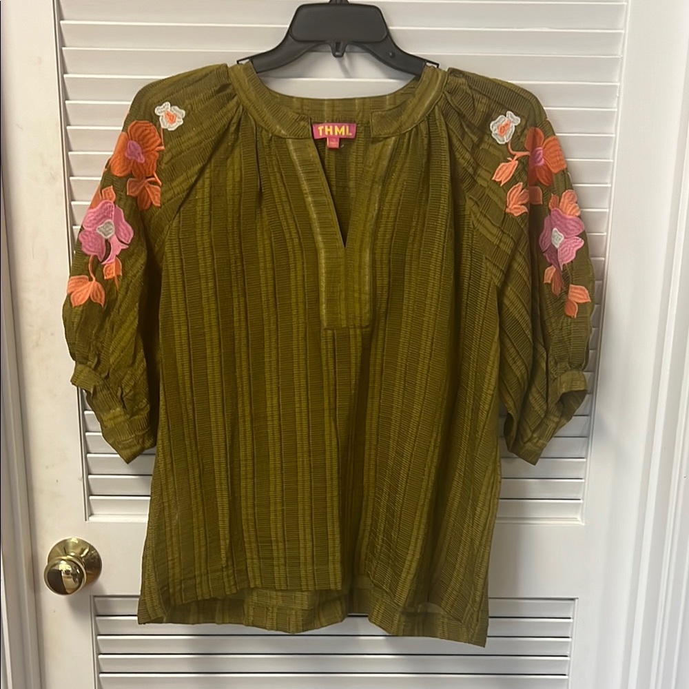THML Green Relaxed Blouse with embroidered sleeves